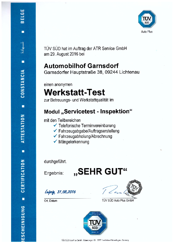 "Sehr gut" bei Werkstatt-Test von TÜV-Süd